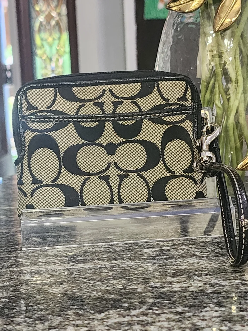 Coach Black and Beige Signature Canvas Wristlet